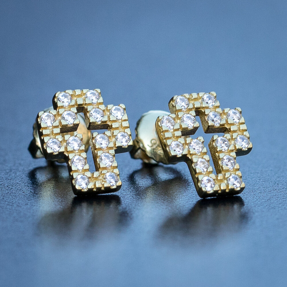 Mini Yellow Gold Cross Stud Earrings
