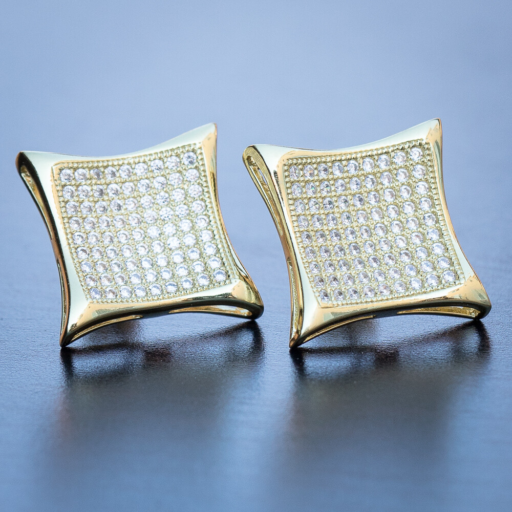Men's Gold Large Iced Kite Square Stud Earrings