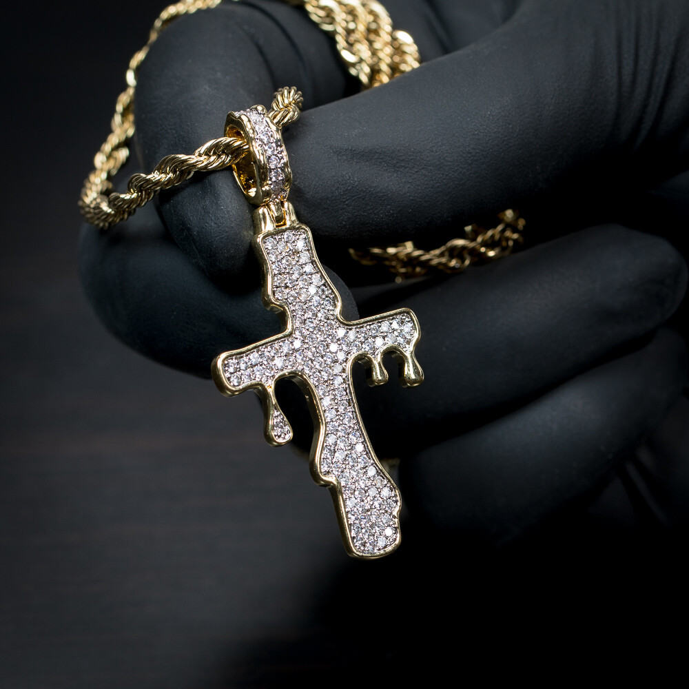 14K Gold Dripping Cross Pendant And Rope Chain Necklace