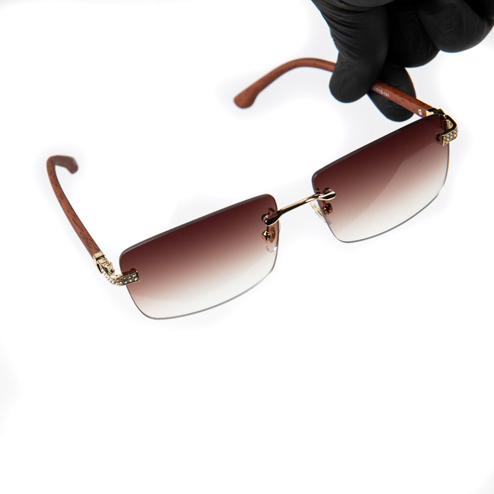 Mens Rimless Brown Tint Iced Wood Sunglasses