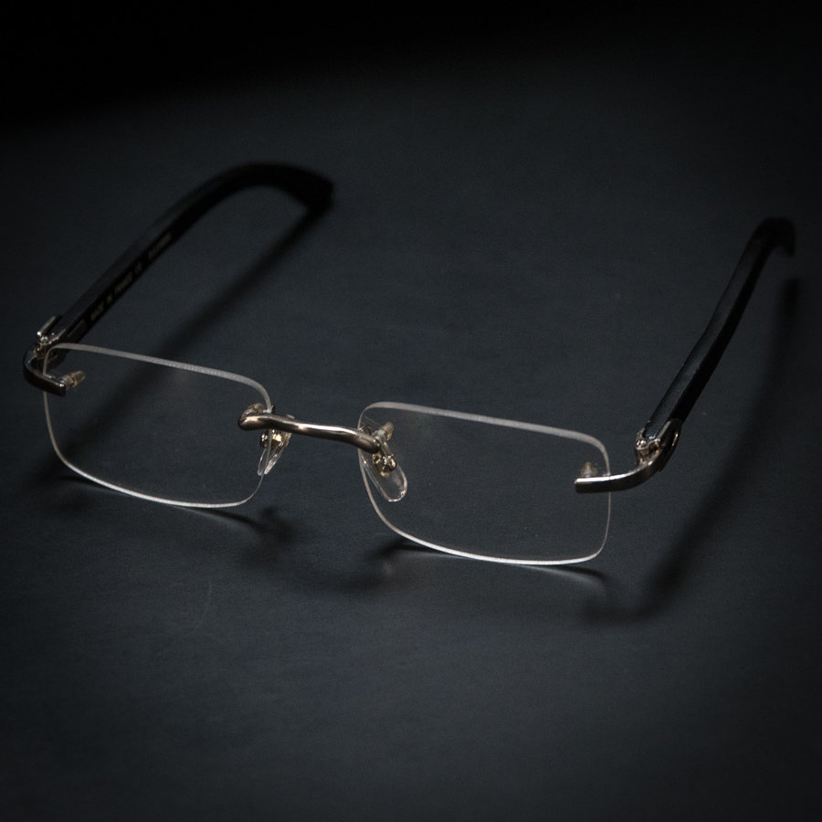 Men's Black And Silver Rimless Wood Clear Lens Glasses