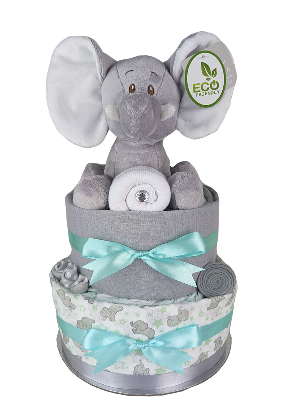 Neutral Mint Elephant Nappy Cake Unisex Baby Gift Hampers