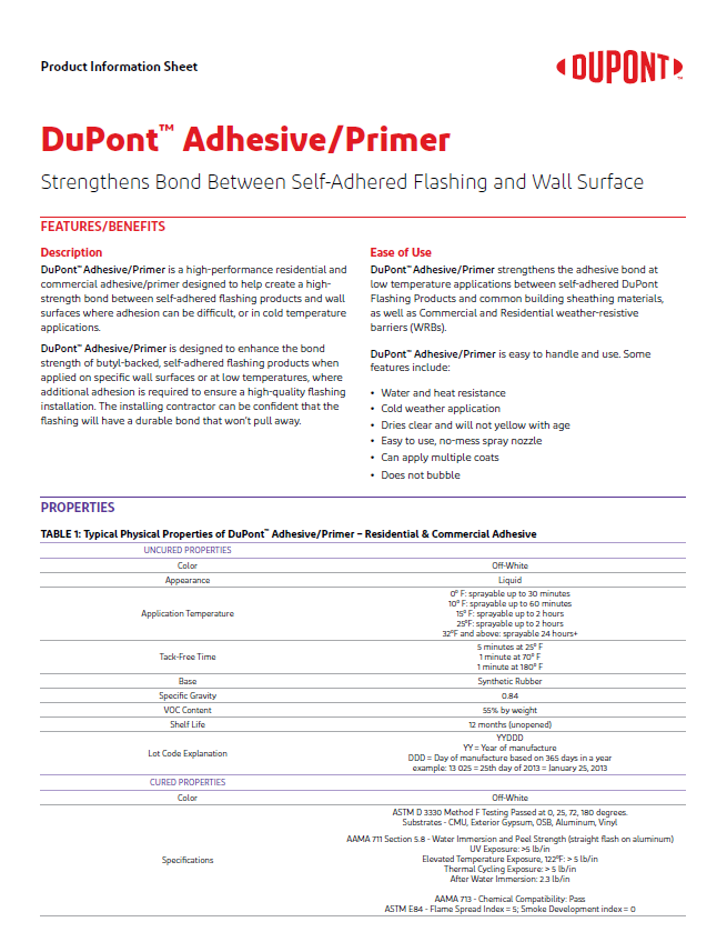 Store Parksite » 43D100722 DuPont Adhesive Primer Info Sheet Tyvek