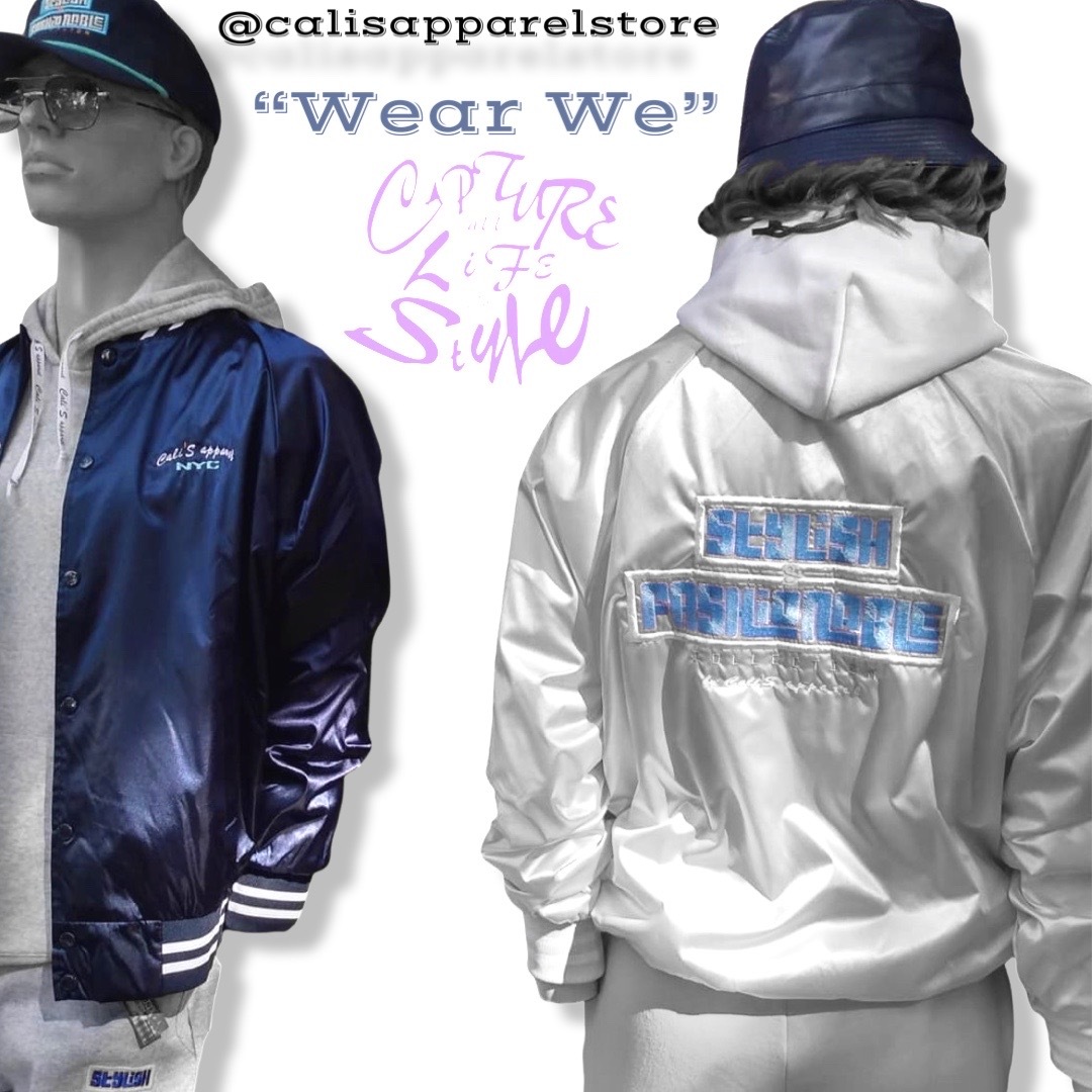 STYLISH-&-FASHIONABLE-Unisex-Navy-White-Striped-Trim-Satin-Baseball-Jacket