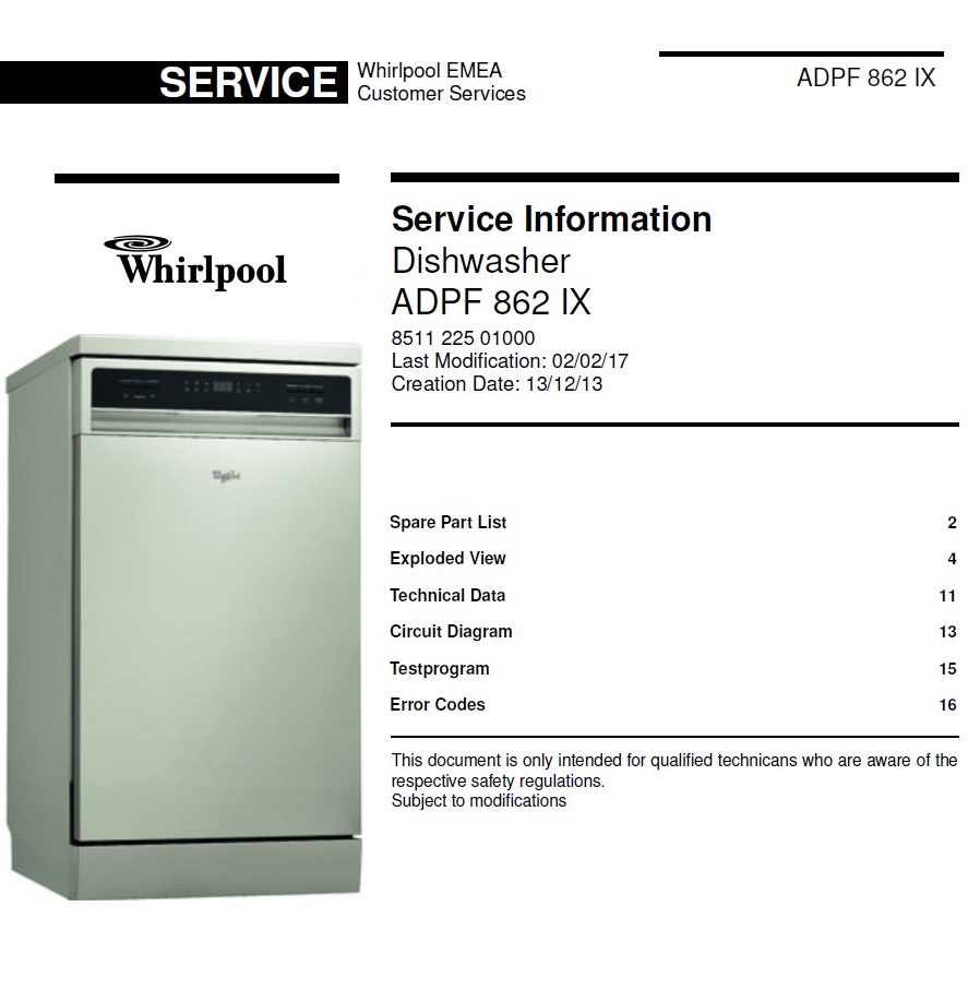 Whirlpool ADPF 862 IX Dishwasher Service Manual