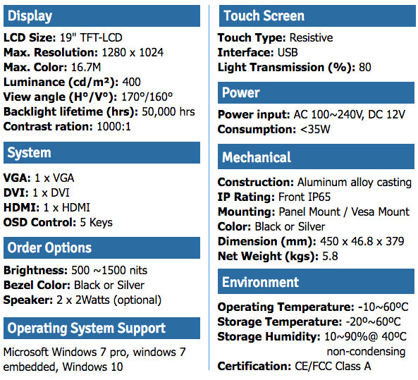 19" TFT-LCD Industrial Touch Monitor