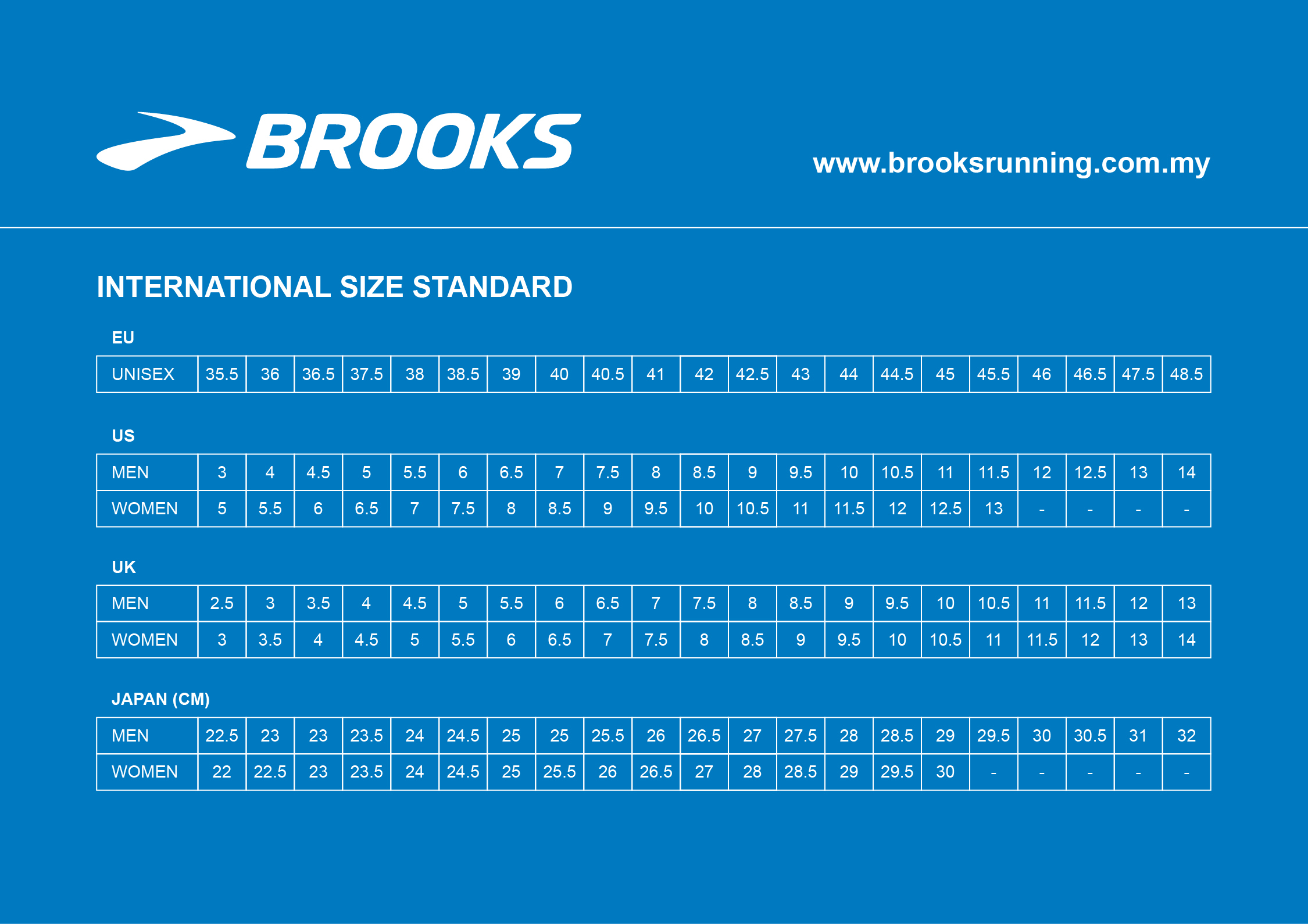 brooks size chart