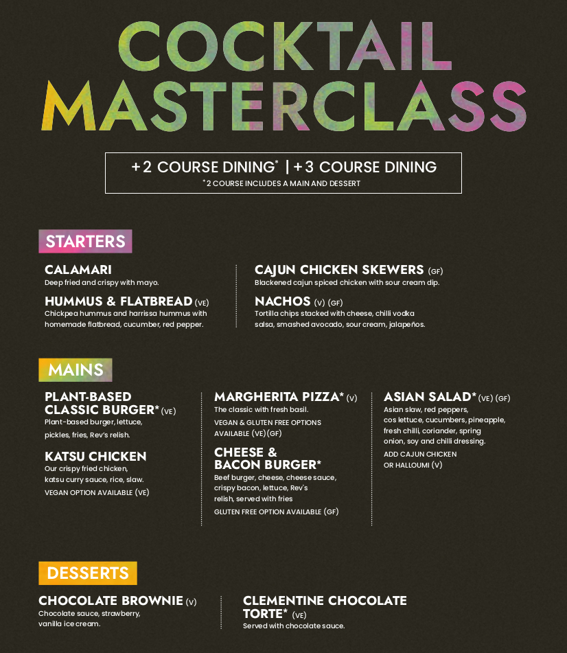 Cocktail Making Class 2 or 3 course meals