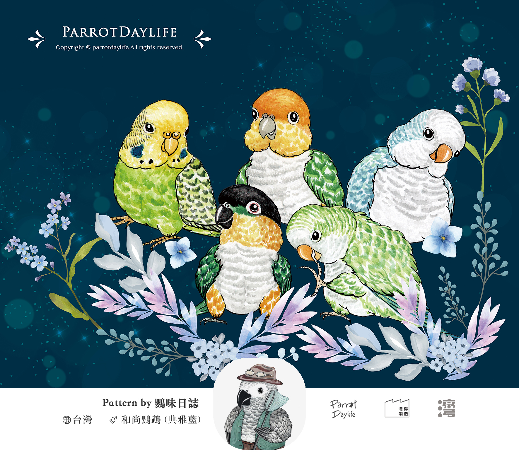 現貨鸚味日誌虎皮凱克和尚鸚鵡(典雅藍) 布幔Parrots elegantblue tapestry