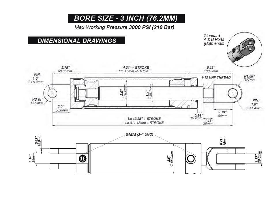 HYDRAULIC CYLINDER / RAM VARIOUS SIZES 3" BORE