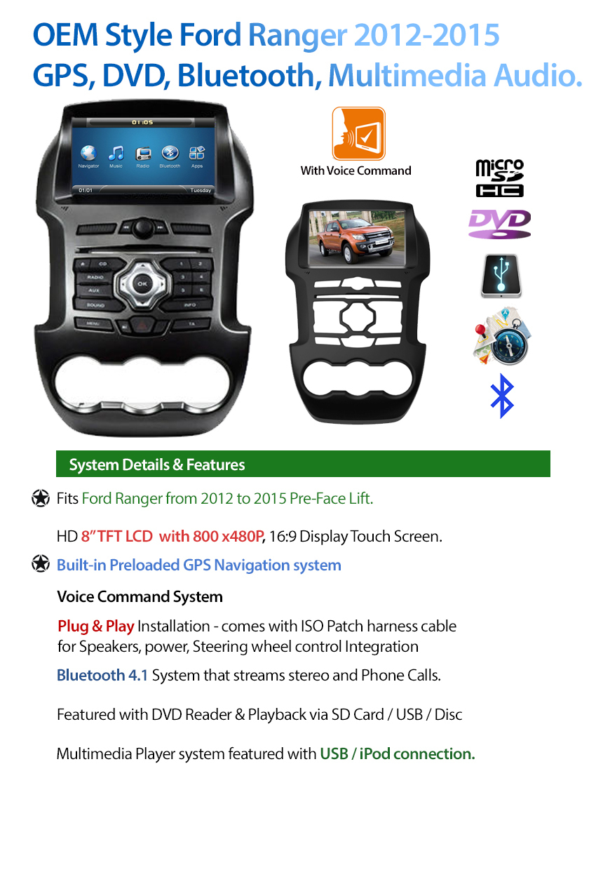 [2012 2015] Ford Ranger T6 8" GPS Navigation Bluetooth Voice command