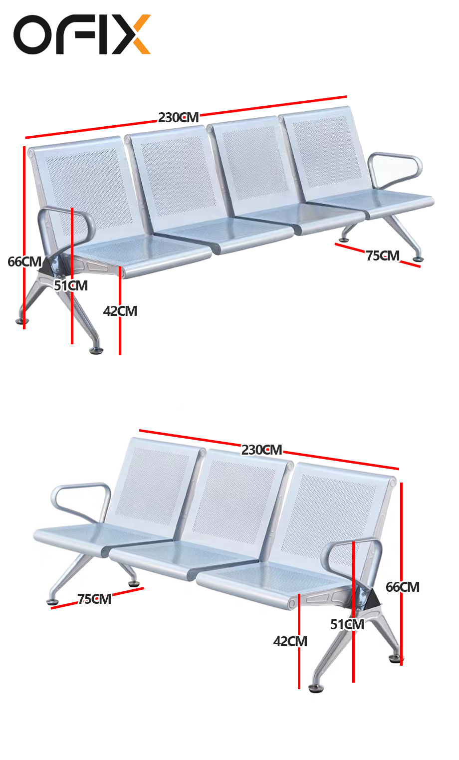OFIX 3Seater/ 4Seater Metal Steel Airport Gang Chair