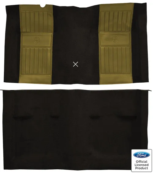 1971-1973 Ford Mustang Mach 1 Carpet Replacement - Nylon - Complete | Fits: Fastback, with 2 Ivy Gold Running Pony Inserts with Shifter Cut