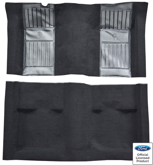 1971-1973 Ford Mustang Mach 1 Carpet Replacement - Nylon - Complete | Fits: Fastback, with 2 Black Running Pony Inserts without Shifter Cut