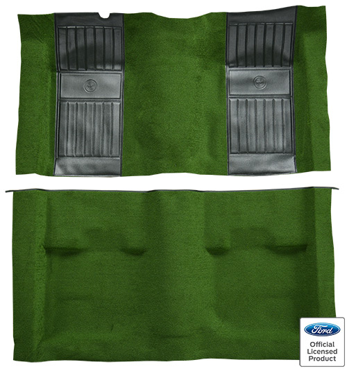 1971-1973 Ford Mustang Mach 1 Carpet Replacement - Nylon - Complete | Fits: Fastback, with 2 Green Running Pony Inserts without Shifter Cut