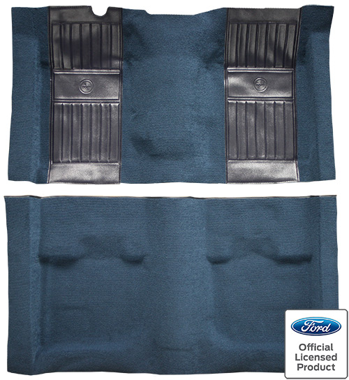 1971-1973 Ford Mustang Mach 1 Carpet Replacement - Nylon - Complete | Fits: Fastback, with 2 Dark Blue Running Pony Inserts without Shifter Cut