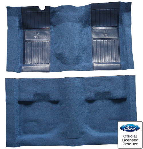 1971-1973 Ford Mustang Mach 1 Carpet Replacement - Nylon - Complete | Fits: Fastback, with 2 Medium Blue Running Pony Inserts without Shifter Cut