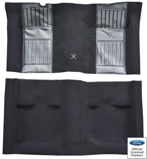 1971-1973 Ford Mustang Mach 1 Carpet Replacement - Nylon - Complete | Fits: Fastback, with 2 Black Running Pony Inserts with Shifter Cut