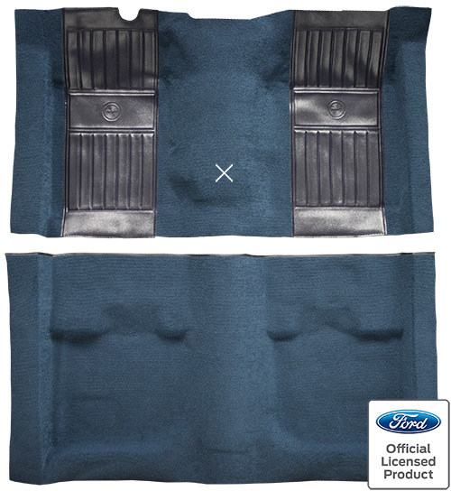1971-1973 Ford Mustang Mach 1 Carpet Replacement - Nylon - Complete | Fits: Fastback, with 2 Dark Blue Running Pony Inserts with Shifter Cut