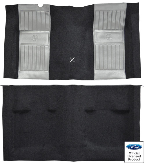 1971-1973 Ford Mustang Mach 1 Carpet Replacement - Nylon - Complete | Fits: Fastback, with 2 Gray Running Pony Inserts with Shifter Cut