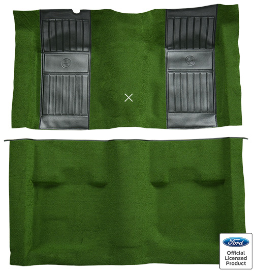 1971-1973 Ford Mustang Mach 1 Carpet Replacement - Nylon - Complete | Fits: Fastback, with 2 Green Running Pony Inserts with Shifter Cut