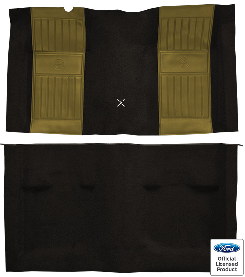 1971-1973 Ford Mustang Mach 1 Carpet Replacement - Nylon - Complete | Fits: Fastback, with 2 Ivy Gold Running Pony Inserts with Shifter Cut