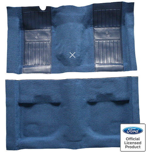1971-1973 Ford Mustang Mach 1 Carpet Replacement - Nylon - Complete | Fits: Fastback, with 2 Medium Blue Running Pony Inserts with Shifter Cut