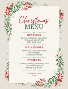 A Canva template of a holiday menu that reads "Christmas Menu" and features a beige, red, and green botanical design.