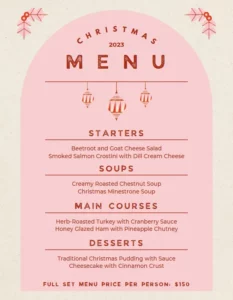A Canva menu template that reads "Christmas Menu" and features a modern pink design.