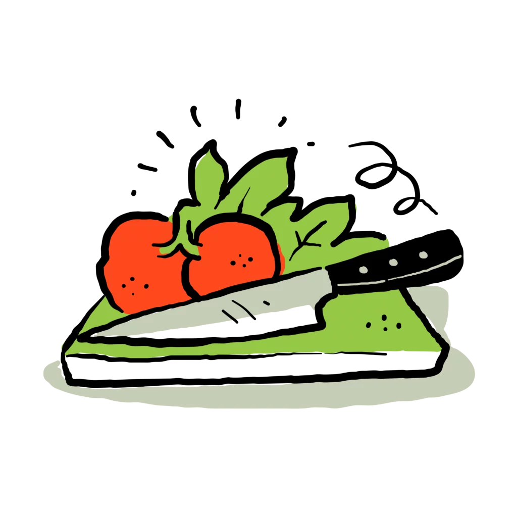 Fresh food on cutting board illustration.