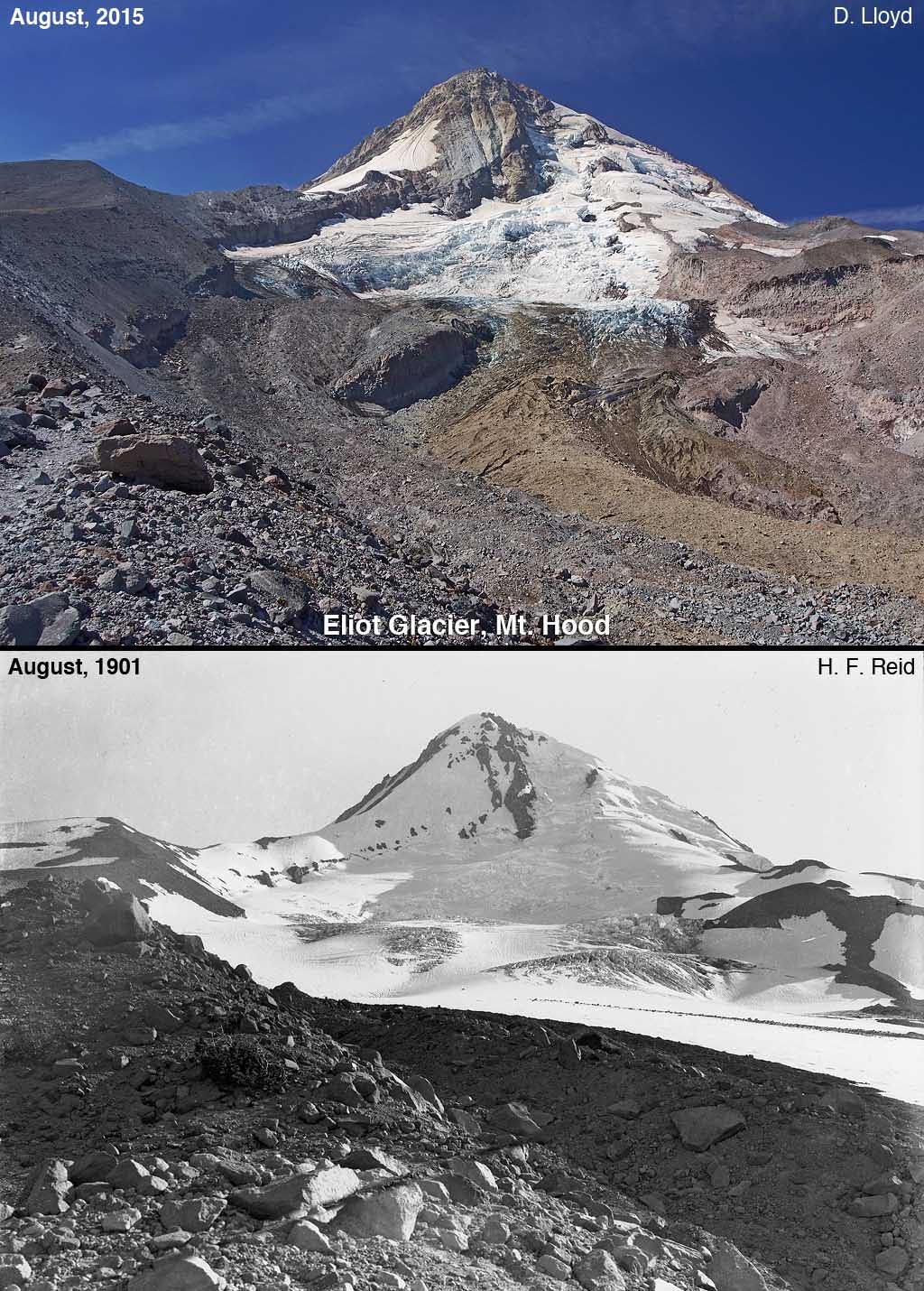 The Palmer Snowfield is near the Eliot Glacier on Mt. Hood. Historic photos compare the glacial mass of August 1901 to August 2015. Darryl Lloyd