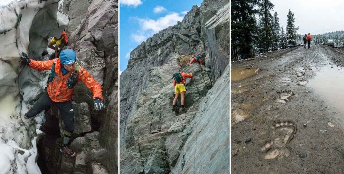 Glacial traverse (left), vertical climbs, and bear tracks