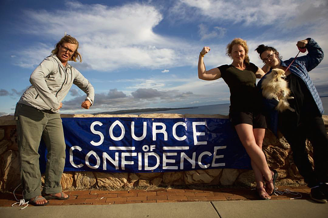 Alyce Kuenzli, Lisa Pugh, and their one-woman support crew, Viki Carpenter, at Ft. Peck Reservoir, Montana