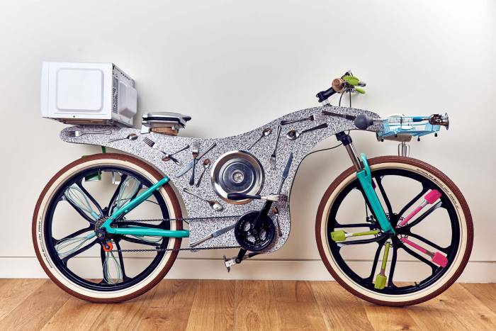 upcycled deliver bike made from kitchen utensils