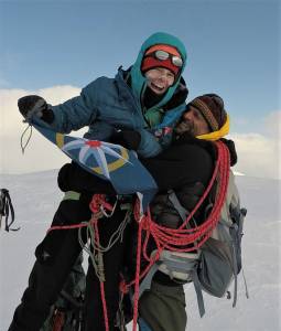 Pascale Marceau and Lonnei Dupre embrace at the summit of Jeanette Peak