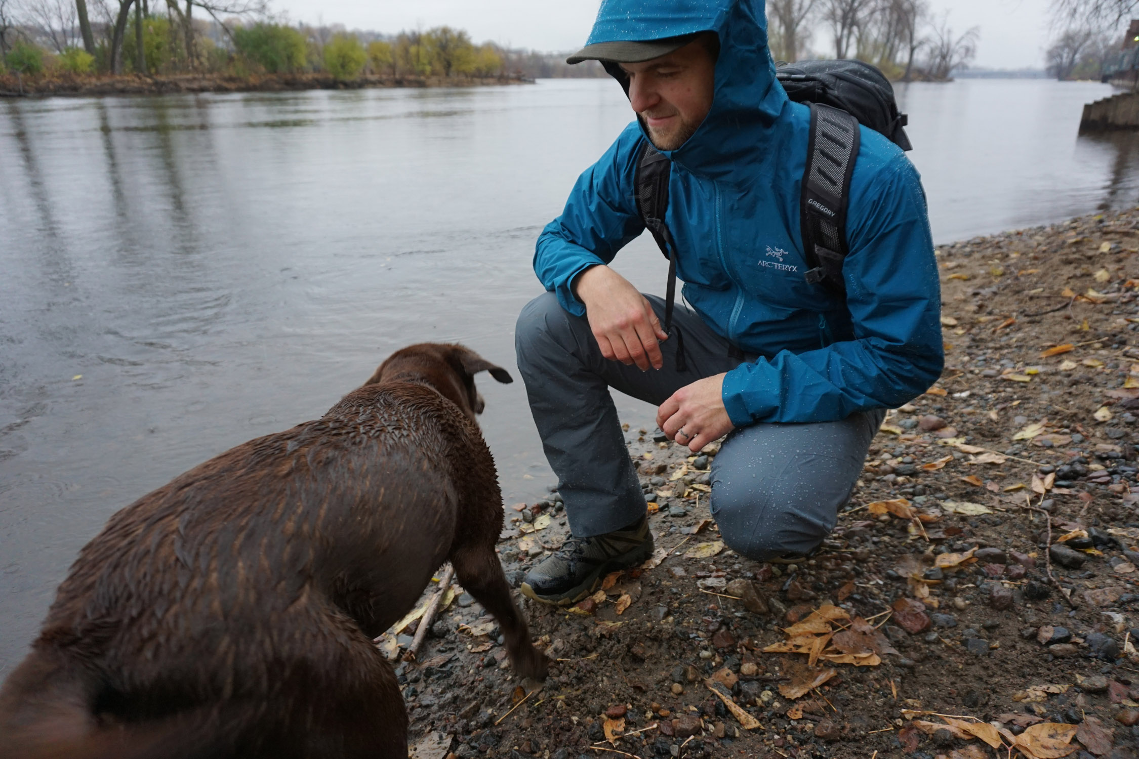 Arc'teryx Zeta FL Blue Jacket River Hike with Dog