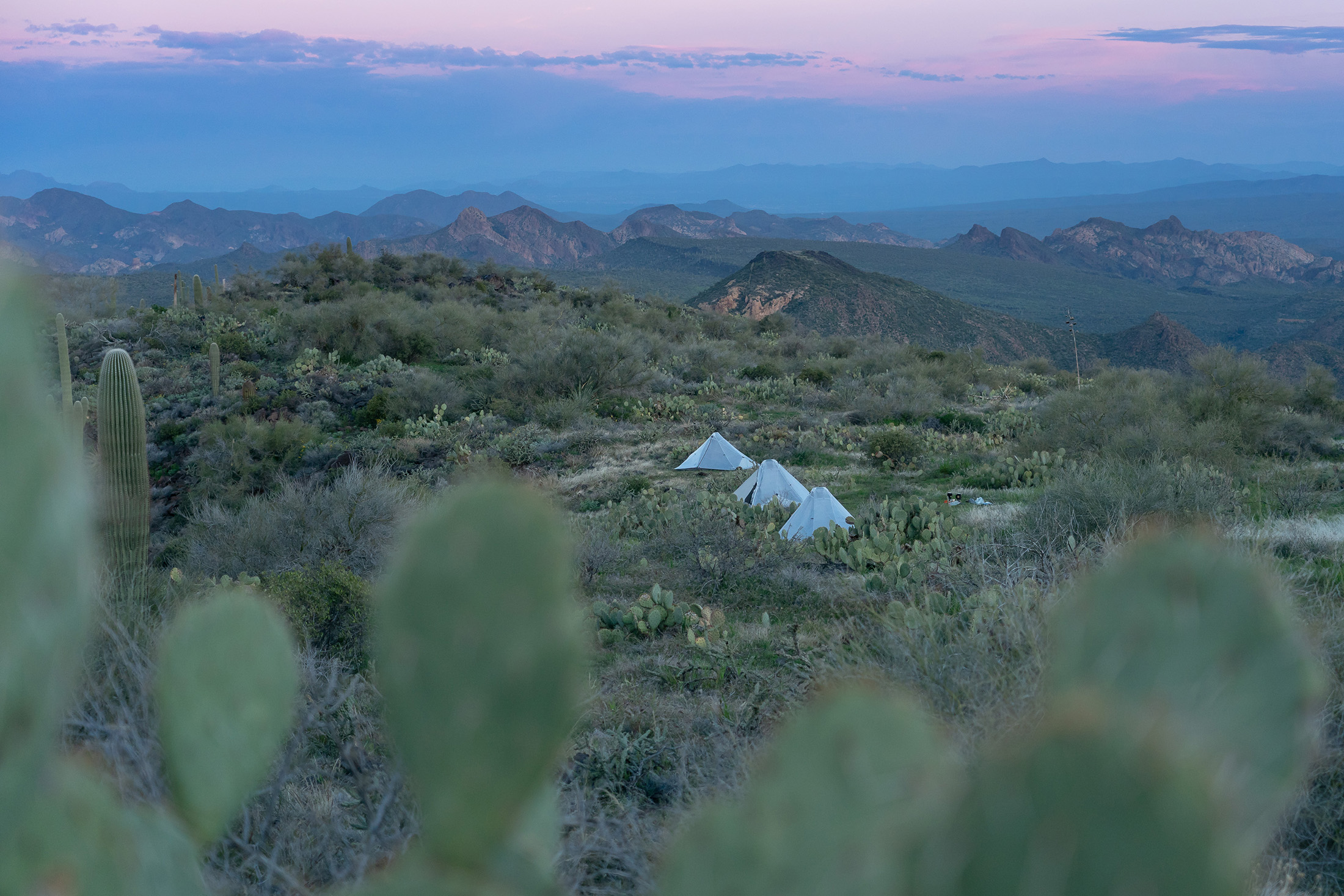 Three Hyperlite Mountain Gear Dirigo 2 tents on a mesa