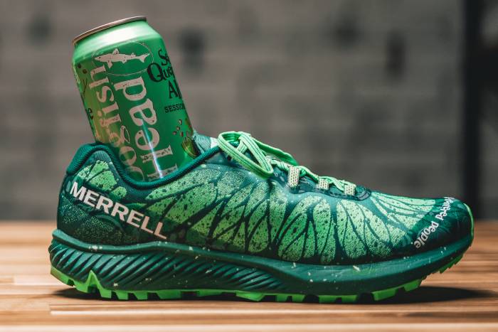 Merrell and Dogfish Head beer collaboration sneaker in bright seafoam green color