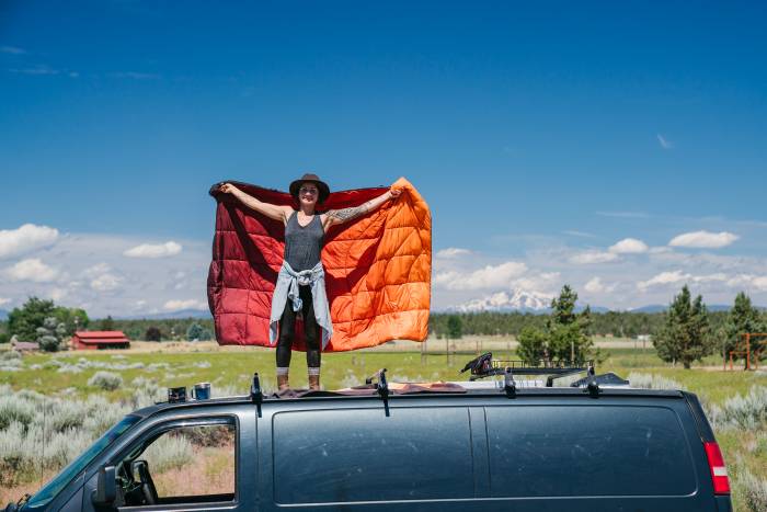 Rumpl Nanoloft Puffy Blanket Mountain on Van