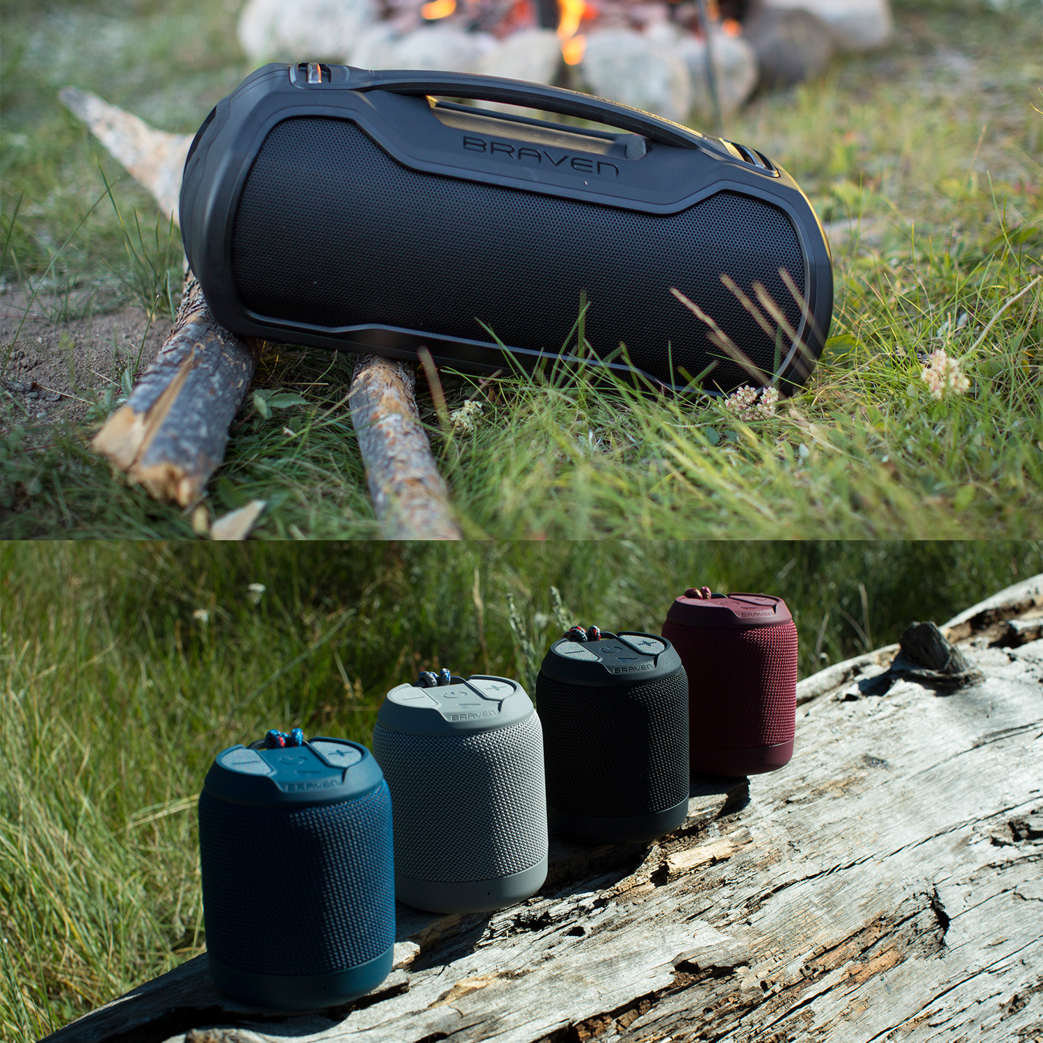 braven brv speakers resting on log and grass outside
