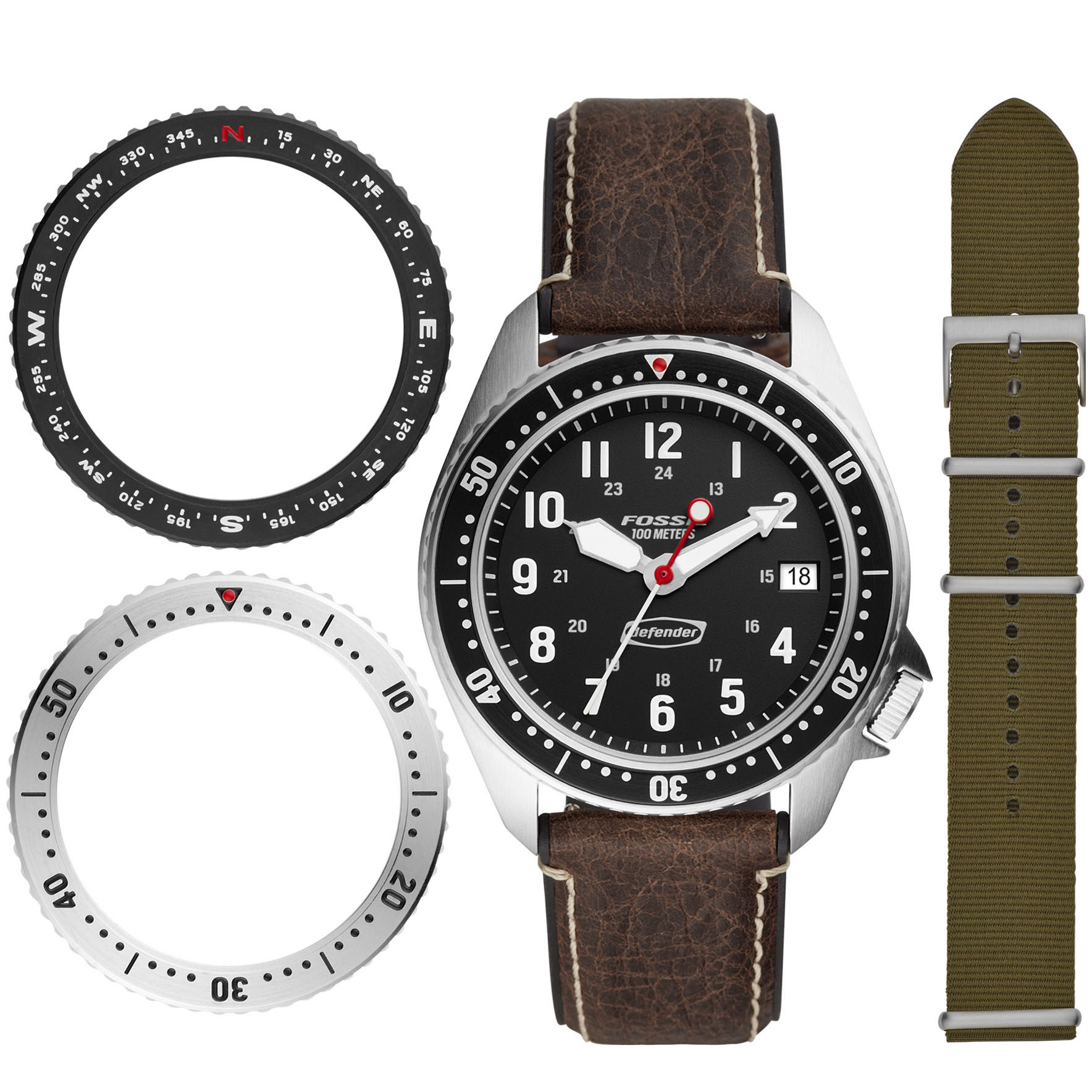 fossil defender watch with different bezel dials against white background