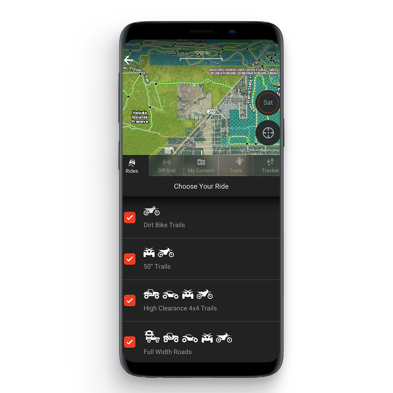Offroad app display with list of trail options on bottom half of screen