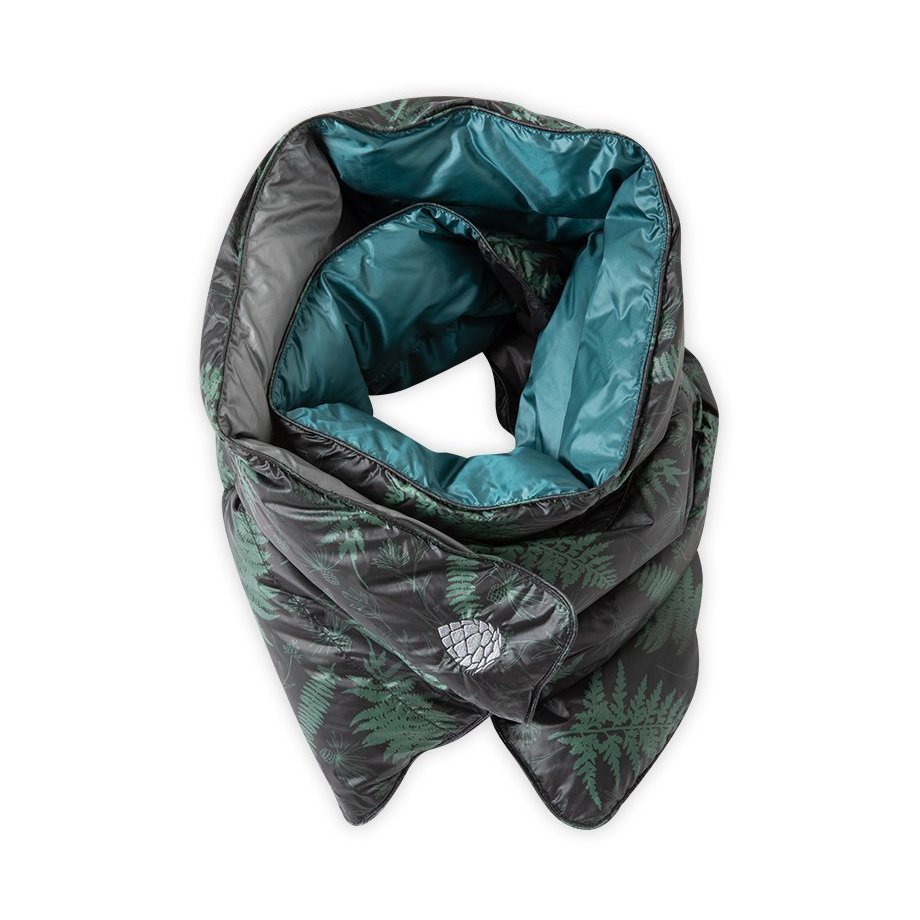 women's stio down scarf with pinecone logo on white background