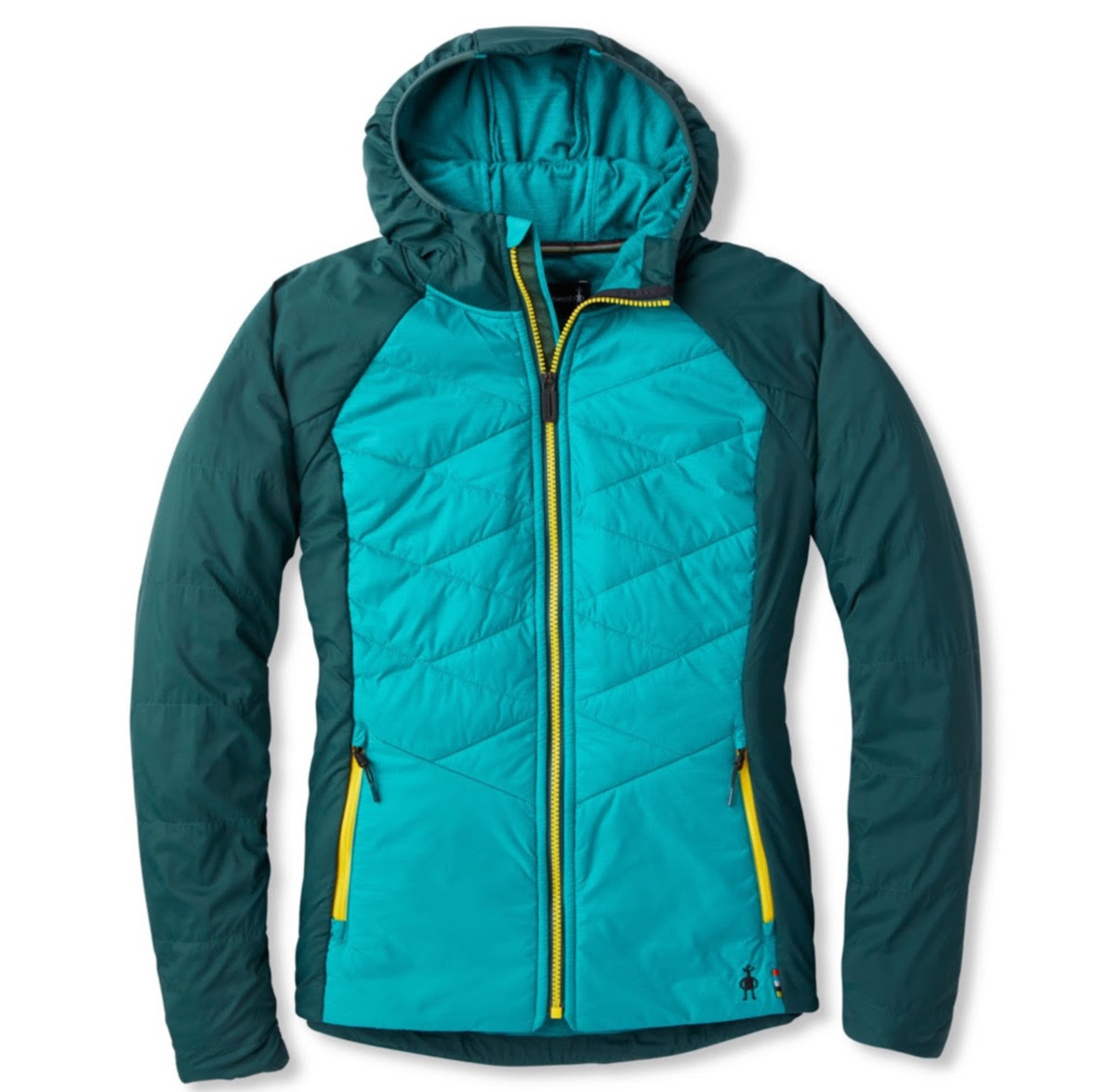 blue and teal smartwool hoodie against white background