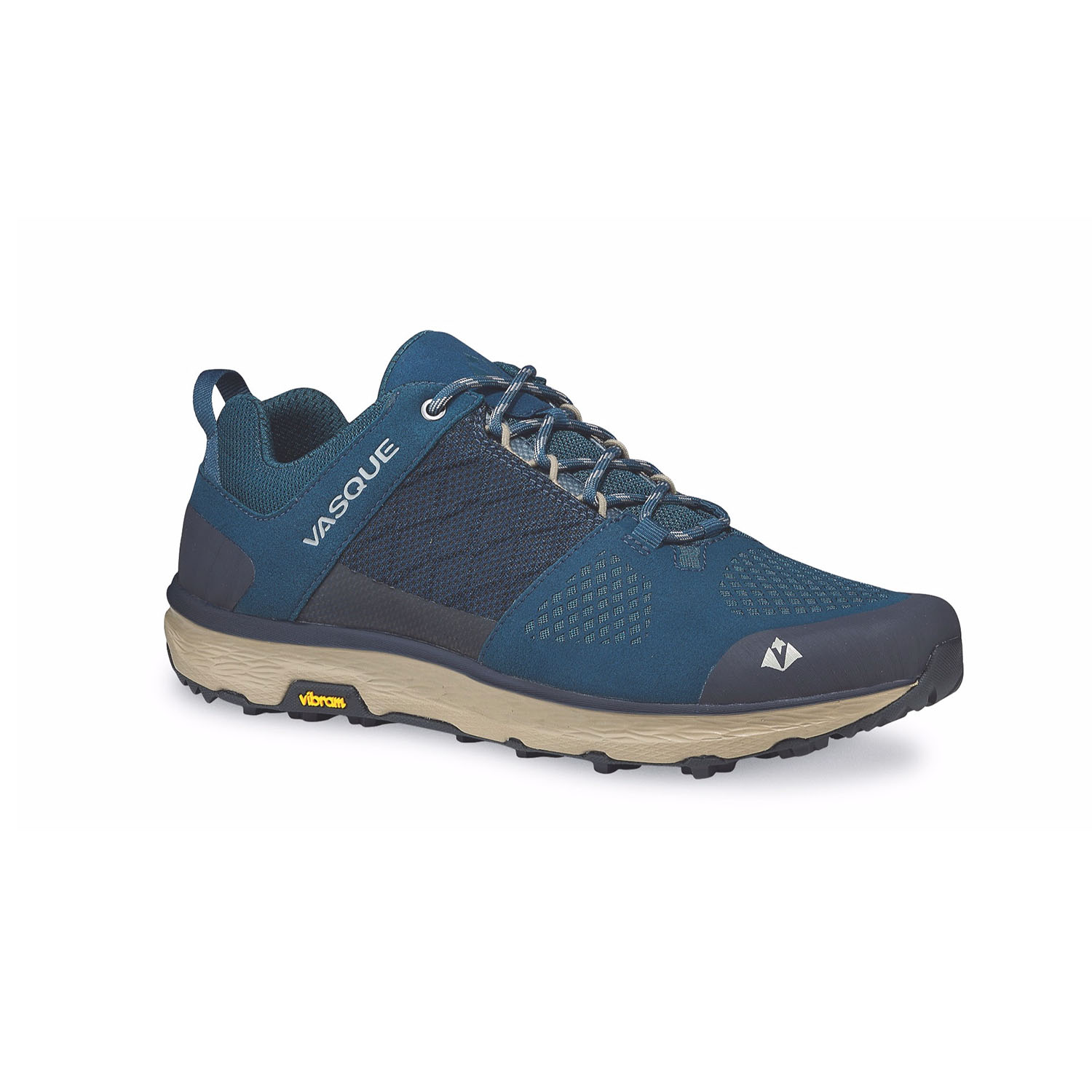 blue Vasque Breeze LT hikers on white background