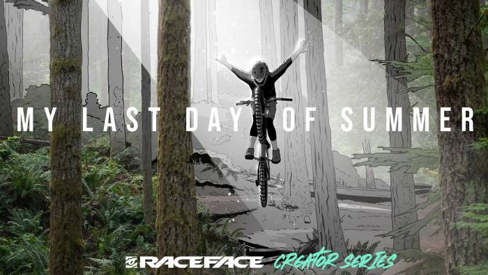 film poster with female MTB rider with arms flying animated image
