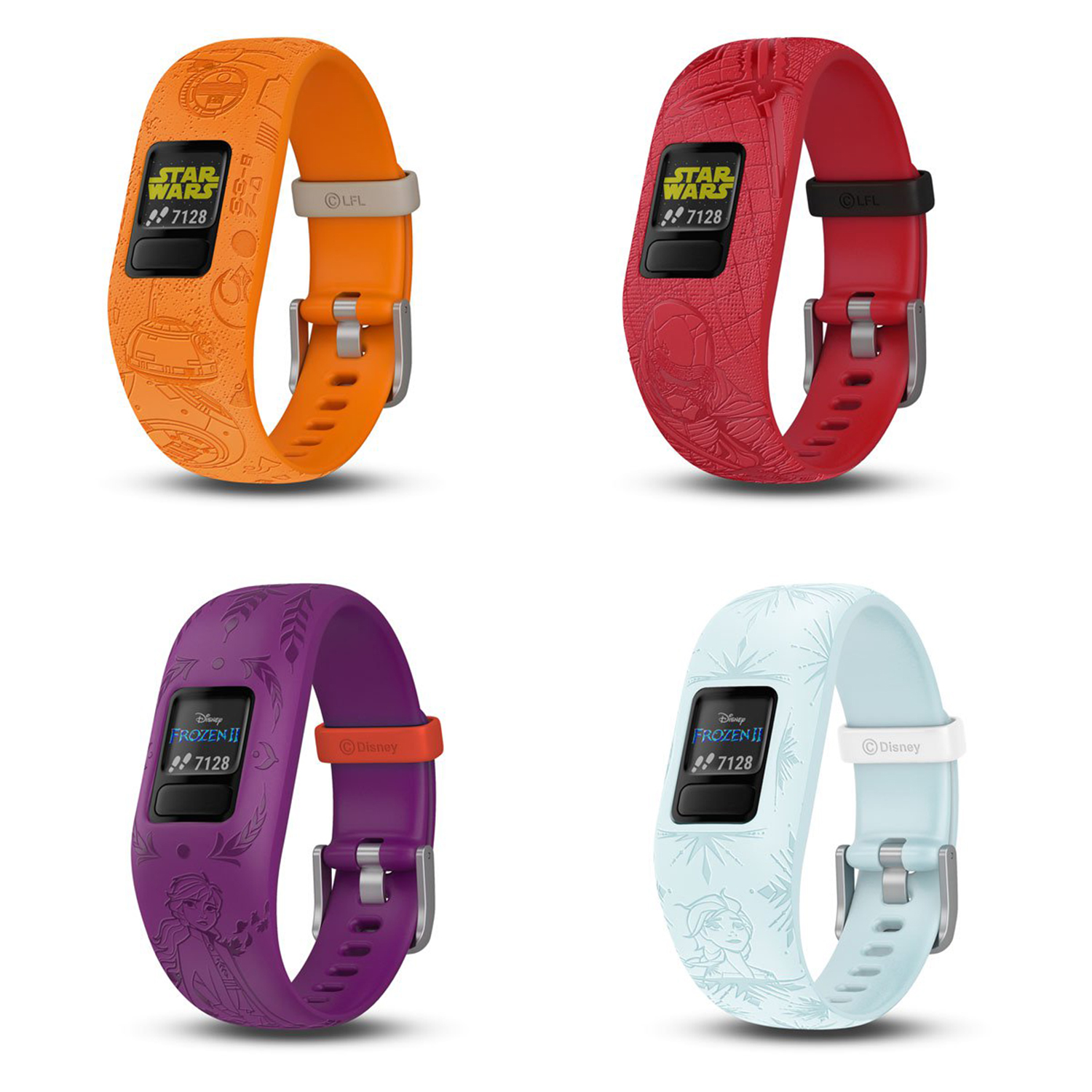4 colored Garmin kids' fitness trackers against white background