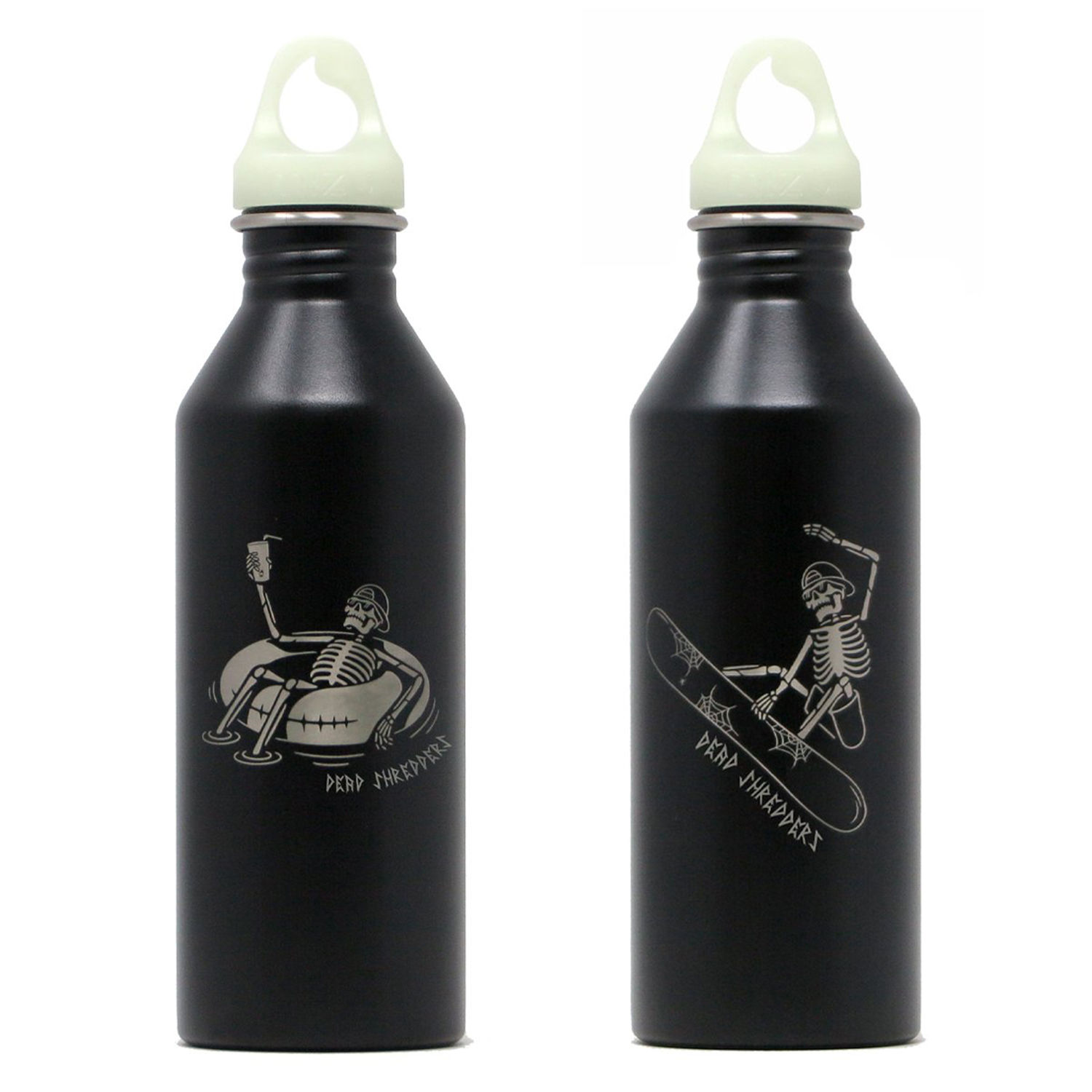 Mizu Dead Shredders glow in the dark water bottles against white background