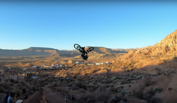 man on bike 360 jump at Red Bull Rampage 2019