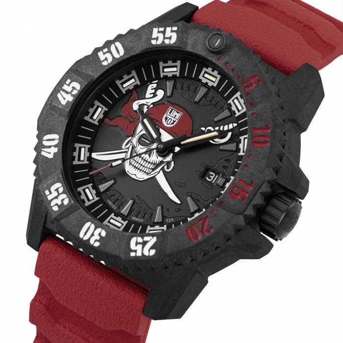 Victorinox Jolly Roger SEAL watchface close up against white background